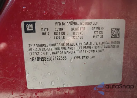 2018 Chevrolet Cruze Lt Auto z USA, uszkodzony, nr VIN 1G1BH5SE0J7122365